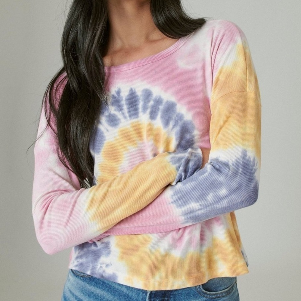 Lucky Brand Ribbed Long Sleeve Crew Top Boxy Multi Tie Dye Small